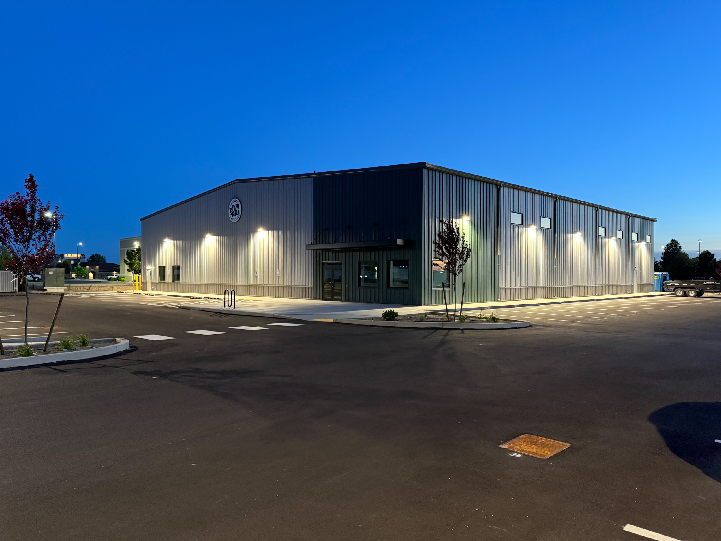 Modern industrial building exterior at dusk