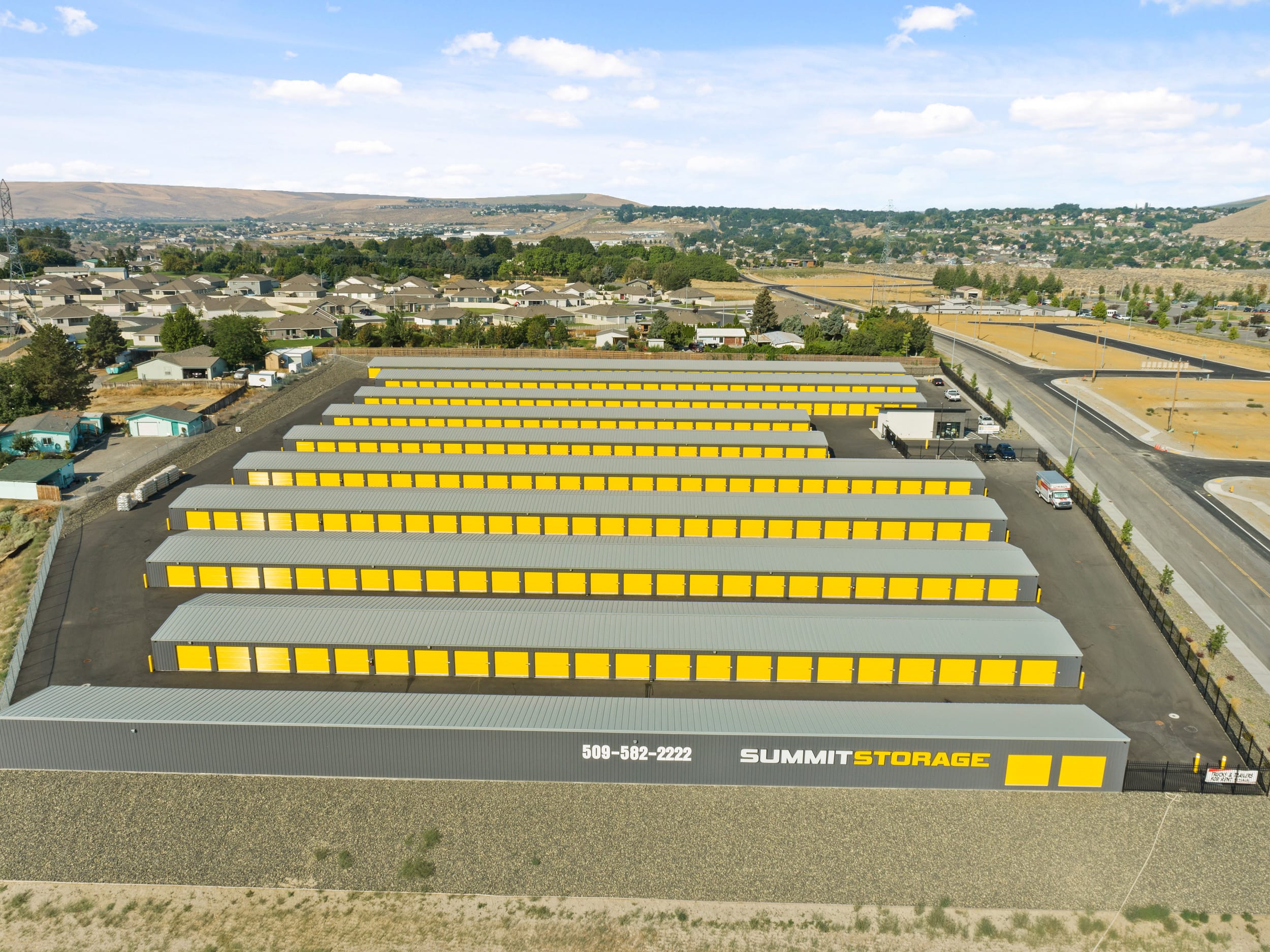 Aerial view of Summit Storage facility with yellow doors.