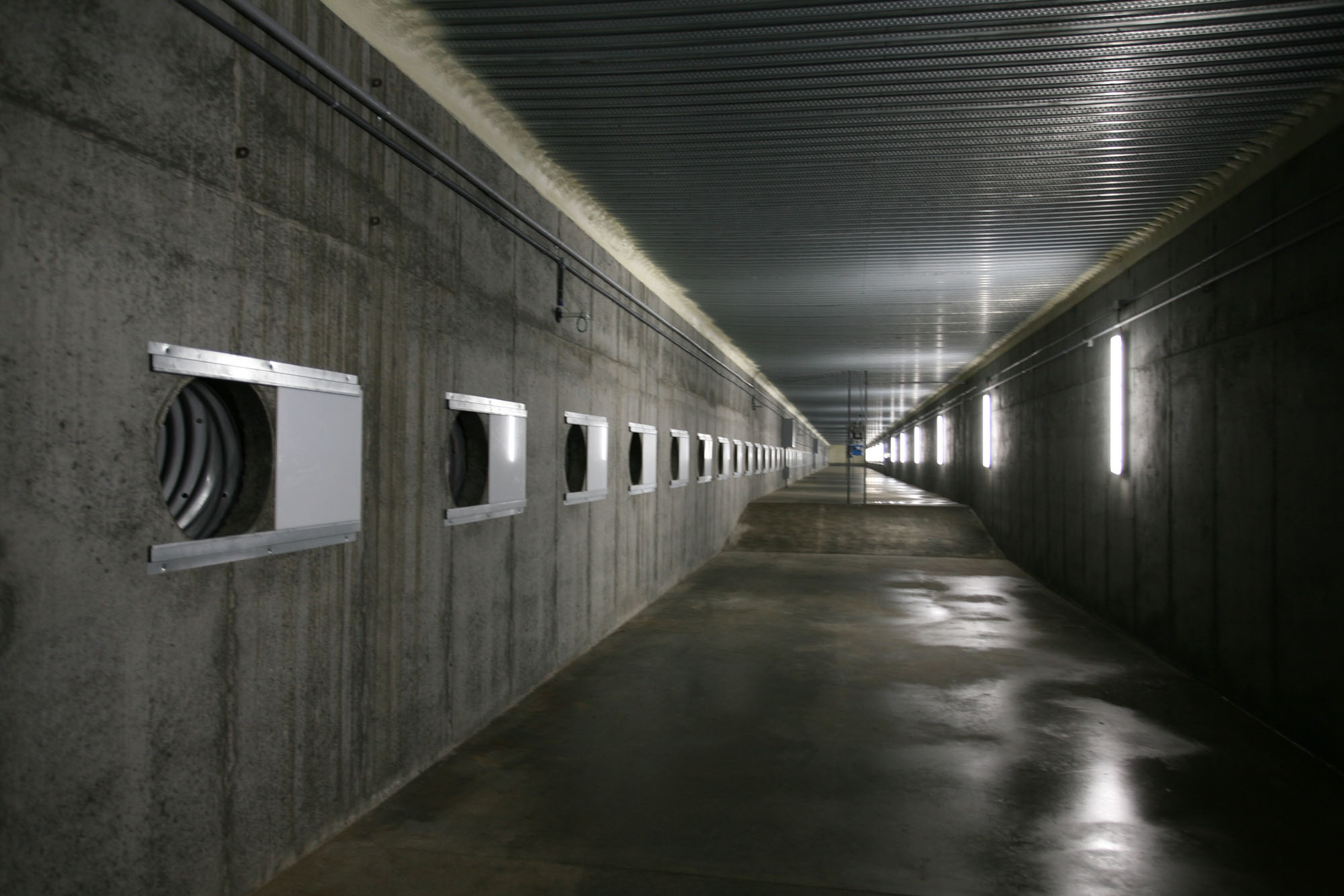 Long industrial tunnel with fluorescent lights.